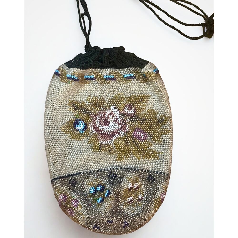 Antique Early 1900s Beaded Coin Purse, Micro Bead Floral Design, Drawstring